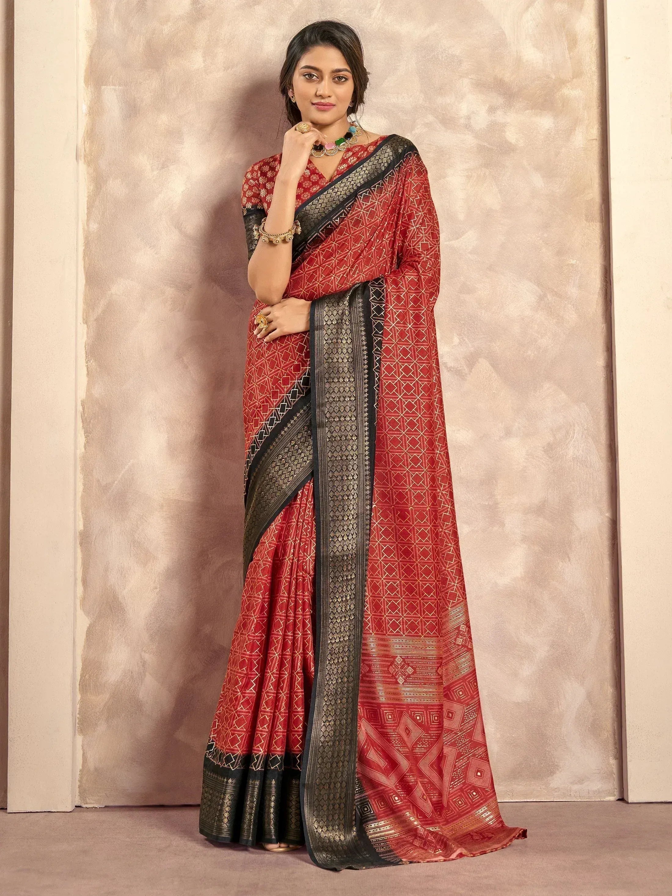 Red and black geometric print saree with gold border, Indian ethnic wear for women