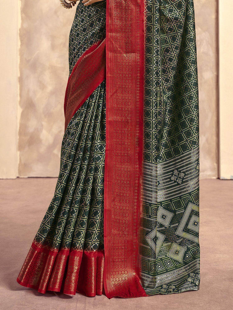 Fantastic Green Foil Printed Dola Silk Festival Wear Saree With Blouse