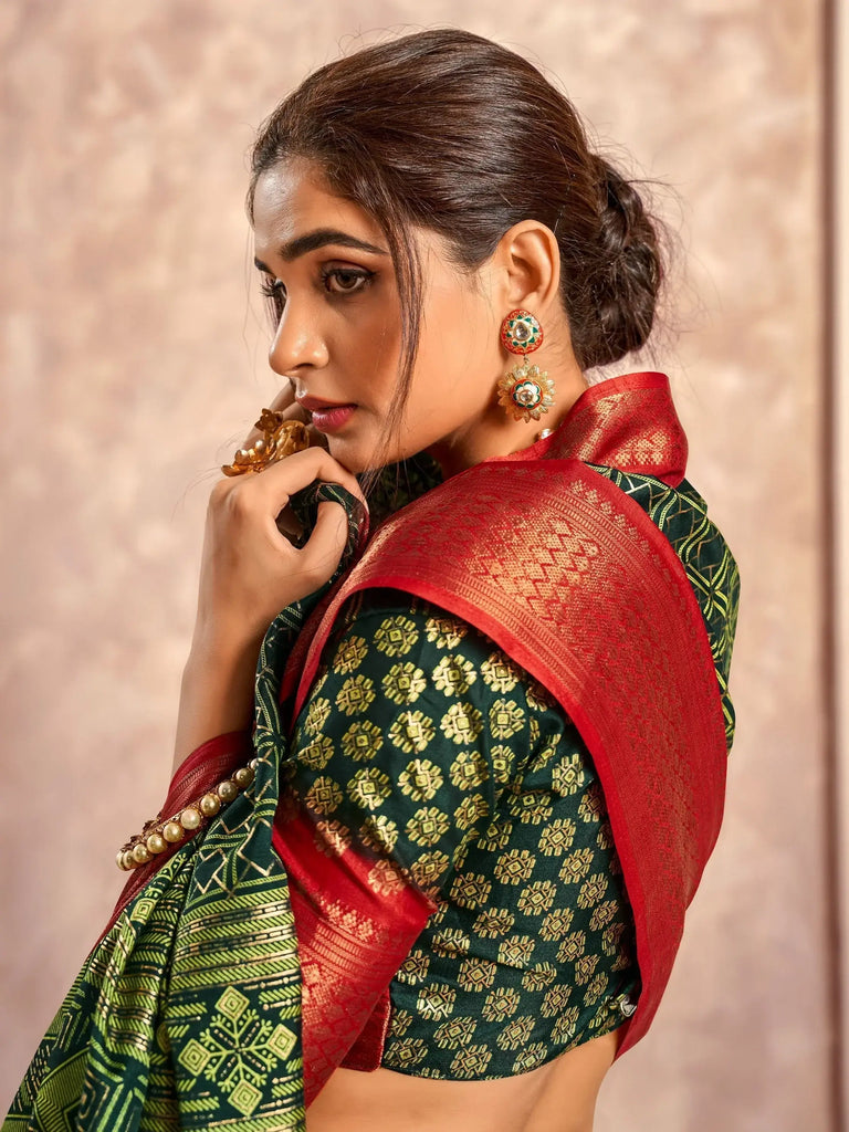 Fantastic Green Foil Printed Dola Silk Festival Wear Saree With Blouse