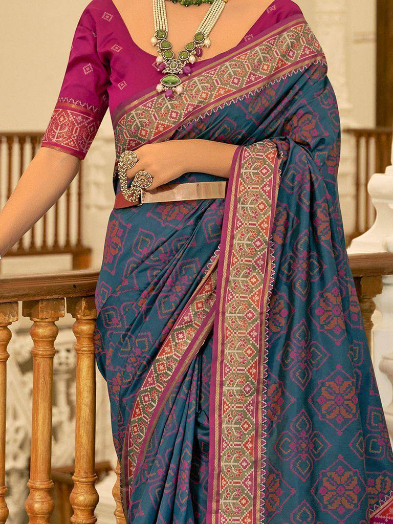 Astonishing Teal Blue Patola Printed Silk Function Wear Saree