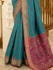 Beautiful Sea Blue Patola Printed Silk Festival Wear Saree With Blouse