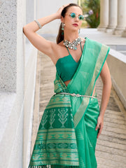 Stunning Teal Green Zari Weaving Silk Event Wear Saree With Blouse