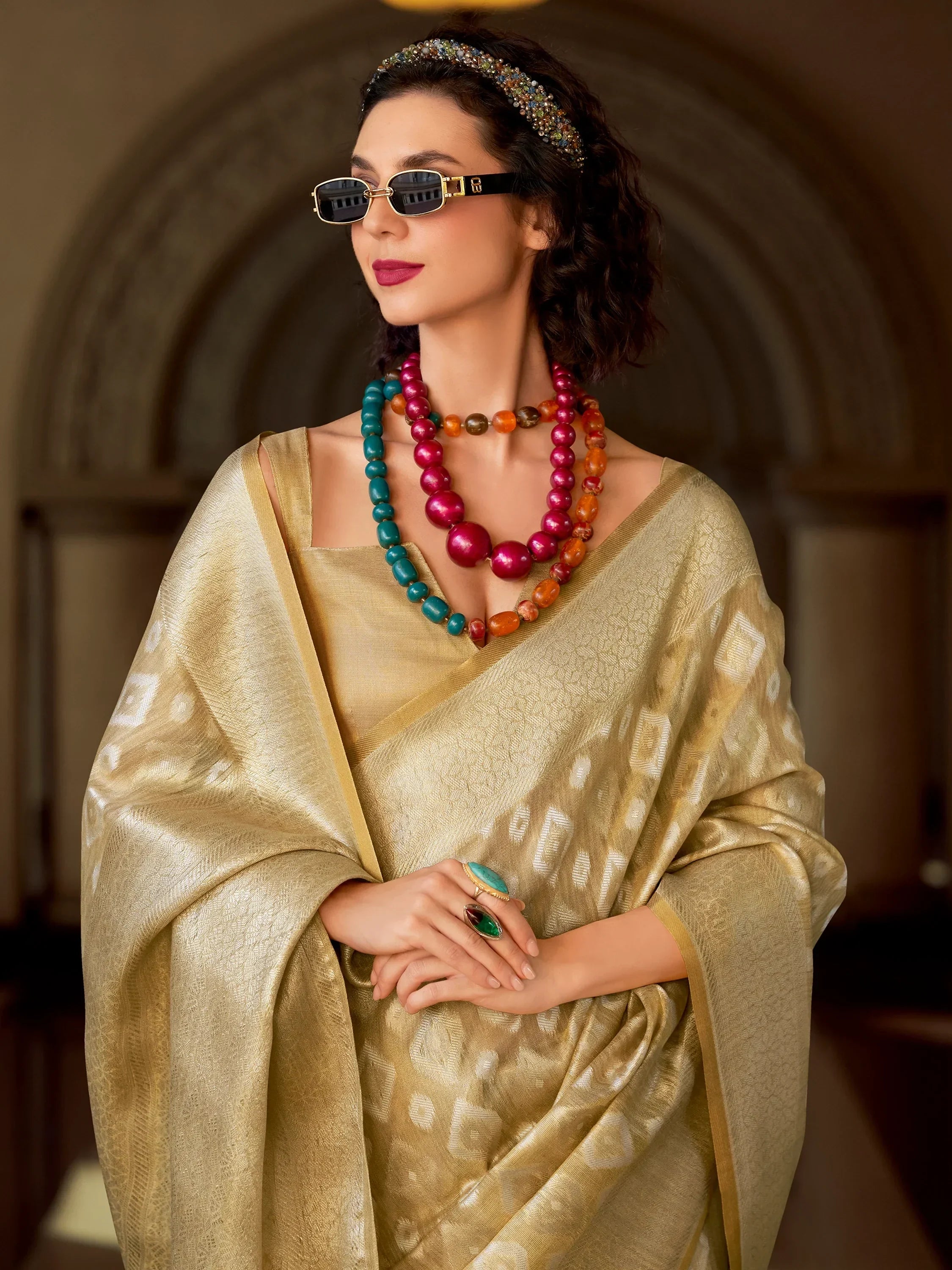 Alluring Beige Zari Weaving Silk Casual Wear Saree With Blouse