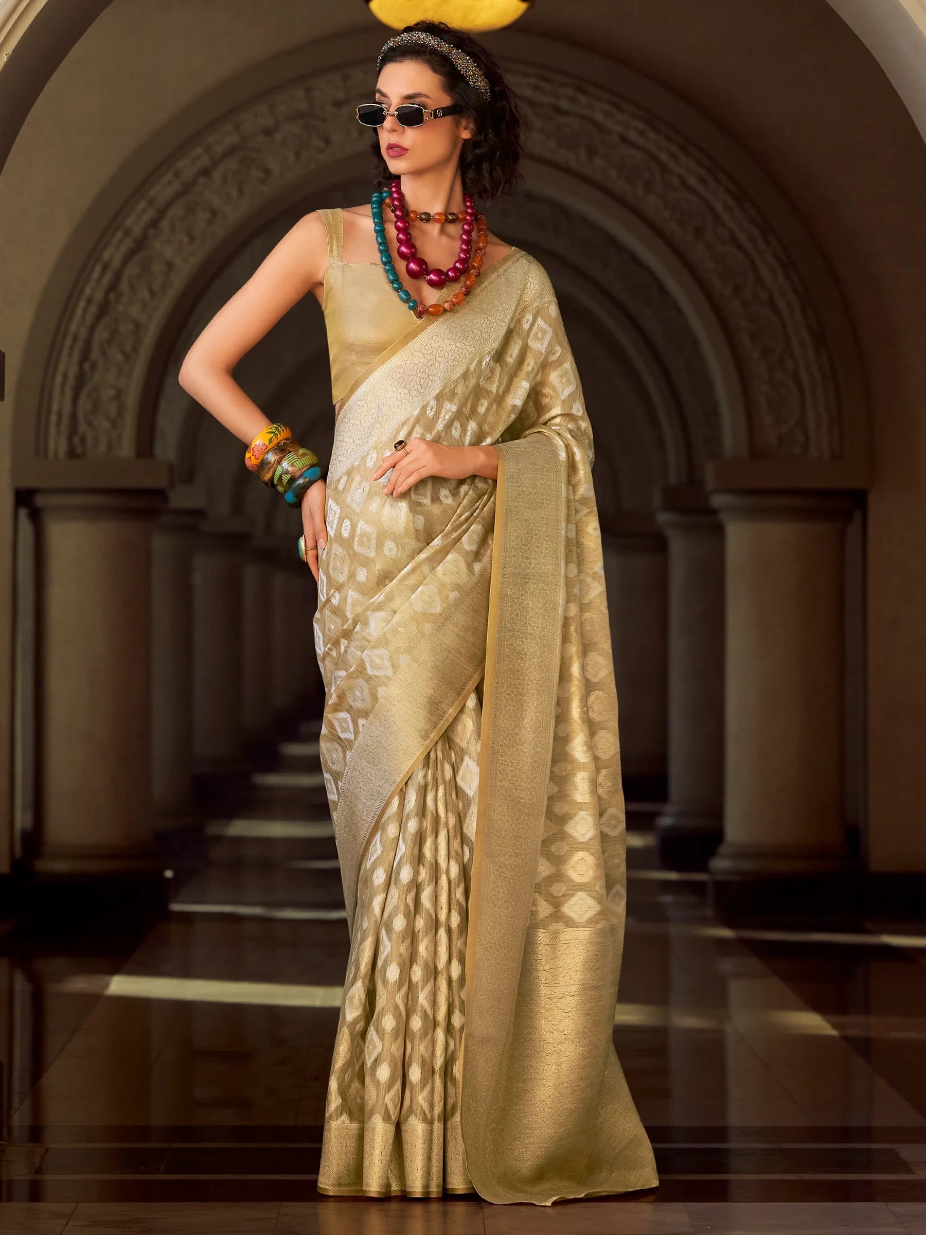 Alluring Beige Zari Weaving Silk Casual Wear Saree With Blouse