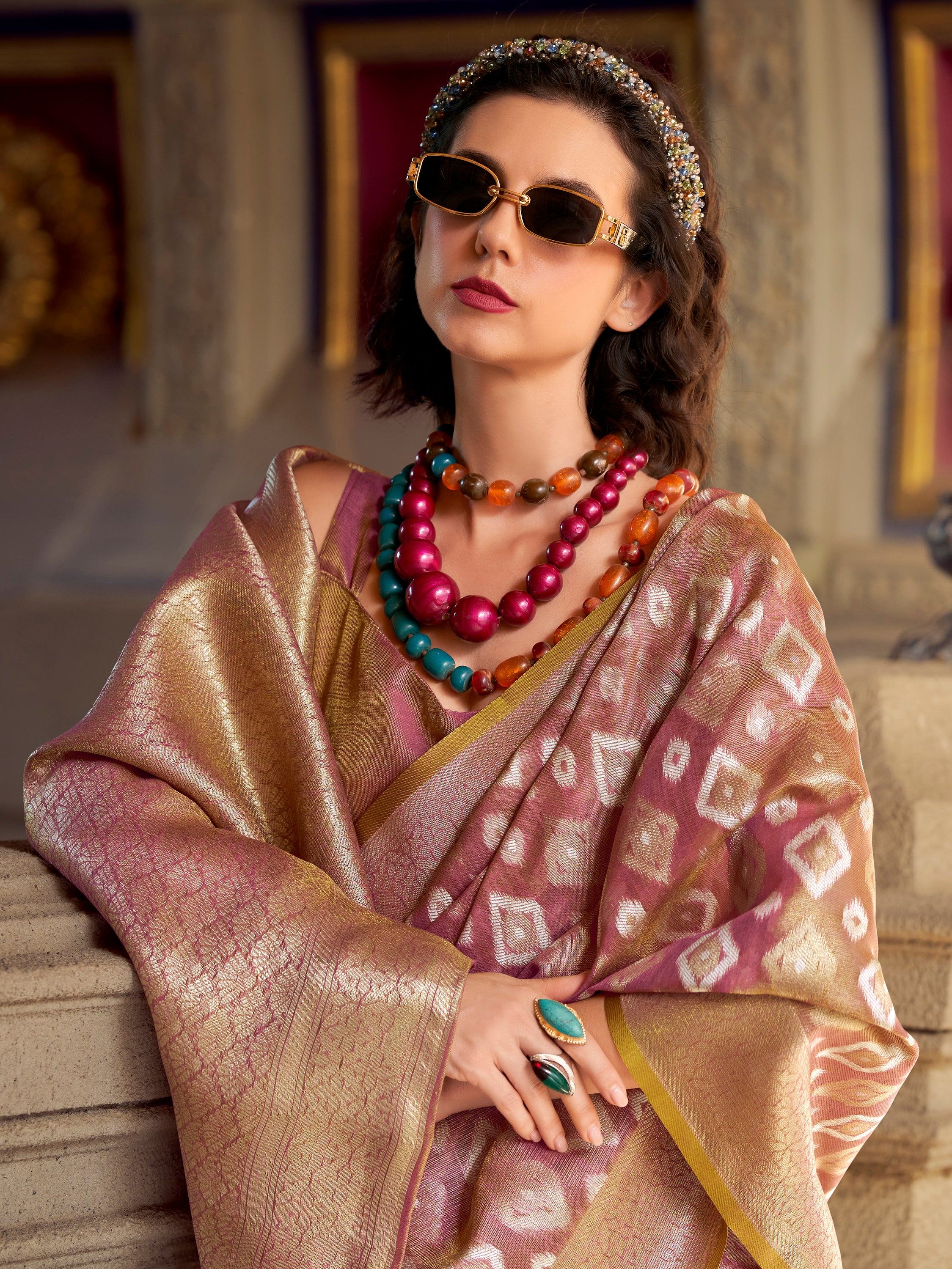 Fascinating Dusty Purple Zari Weaving Silk Festival Wear Saree