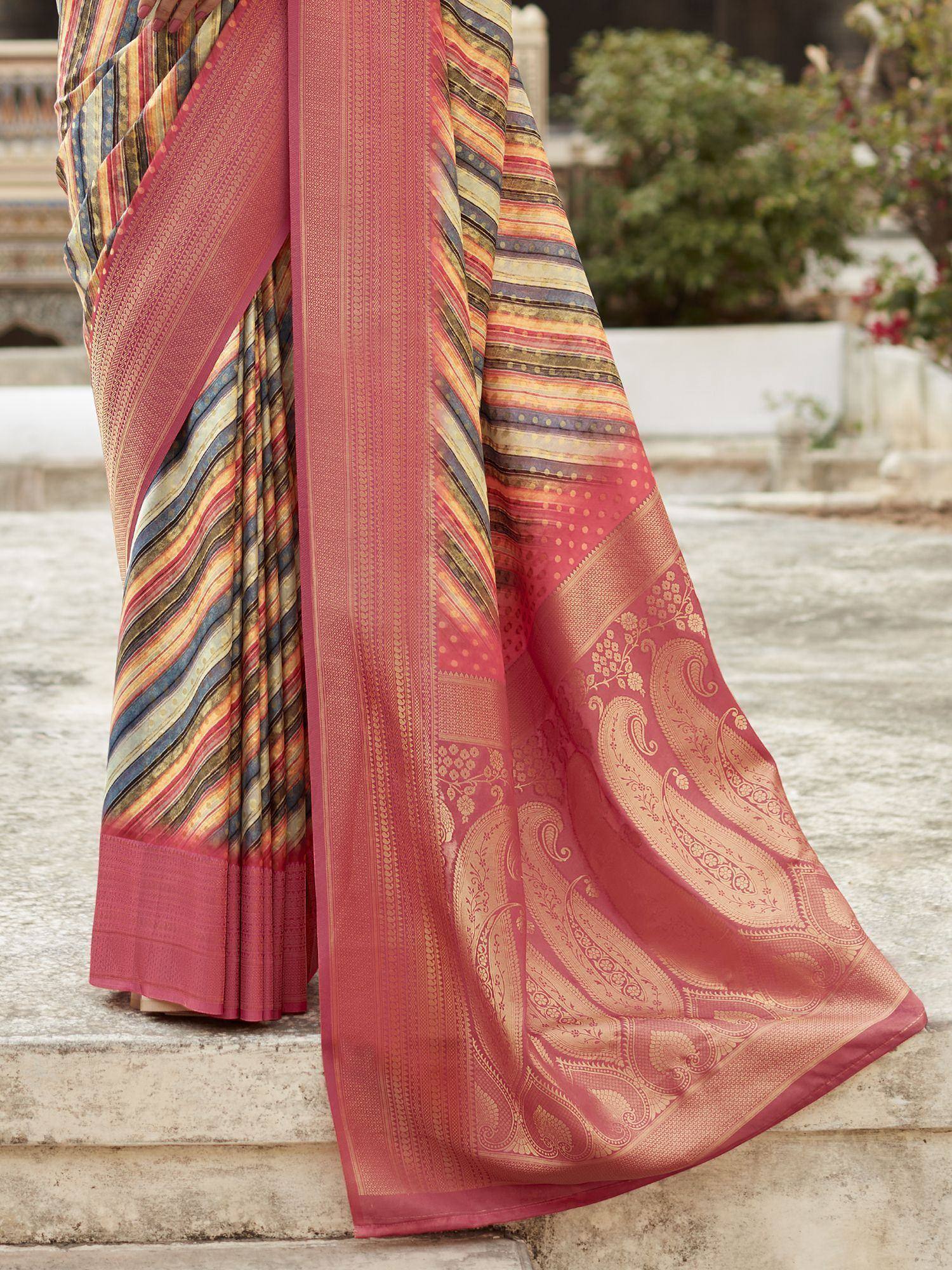 Pink and gold paisley saree with striped border, ethnic Indian wear for women