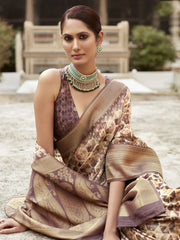 Stunning Brown Printed Tissue Silk Festival Wear Saree With Blouse