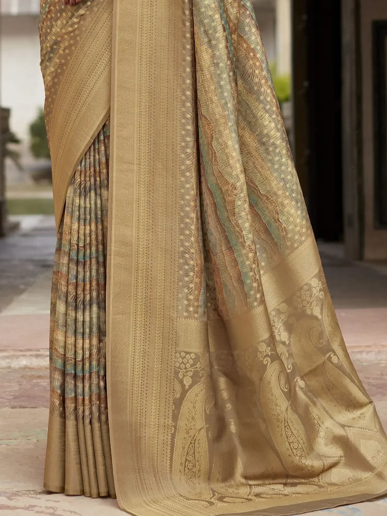 Marvelous Olive Green Digital Printed Tissue Silk Traditional Saree