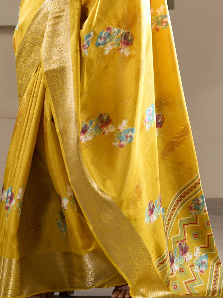 Gorgeous Mustard Color Zari Woven Silk Haldi Wear Saree With Blouse