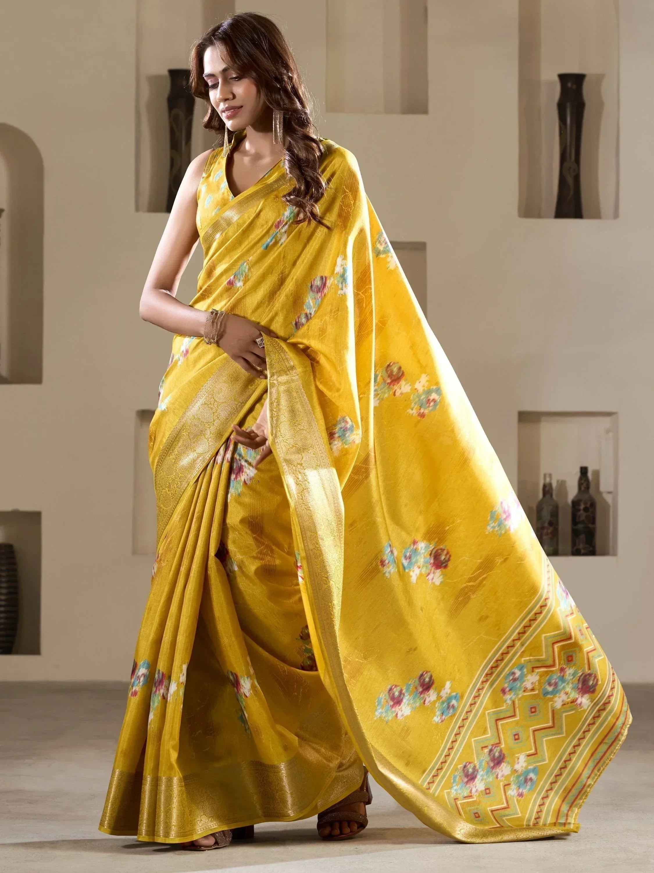 Yellow floral print saree with golden border, Indian ethnic wear for women