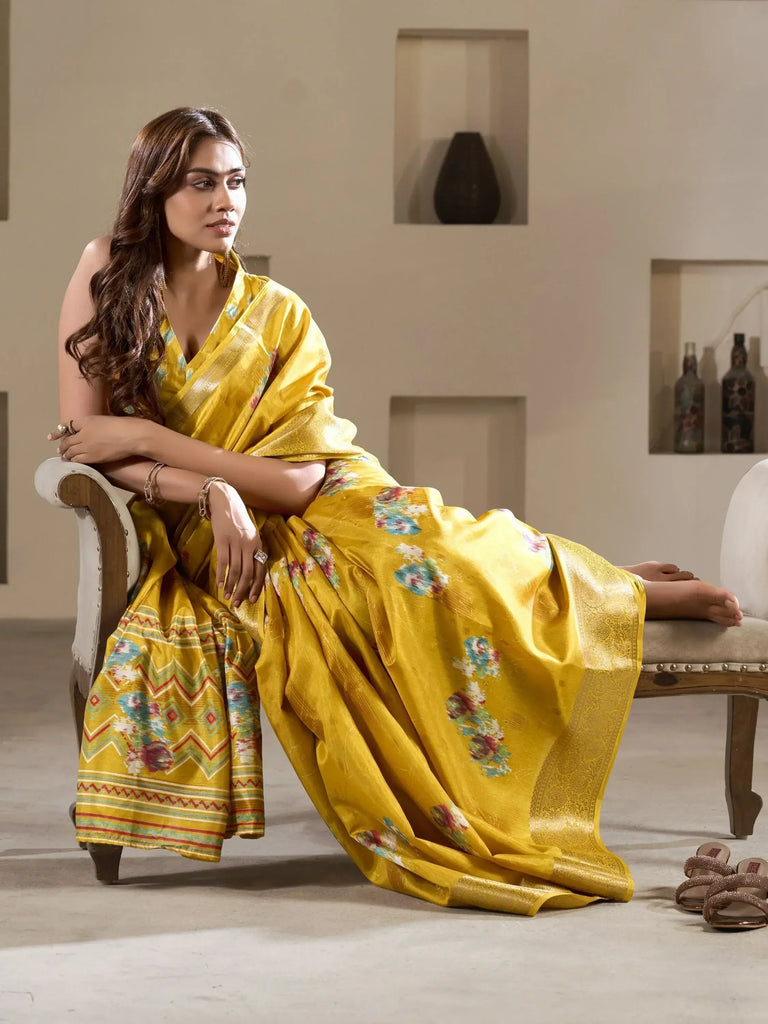 Gorgeous Mustard Color Zari Woven Silk Haldi Wear Saree With Blouse