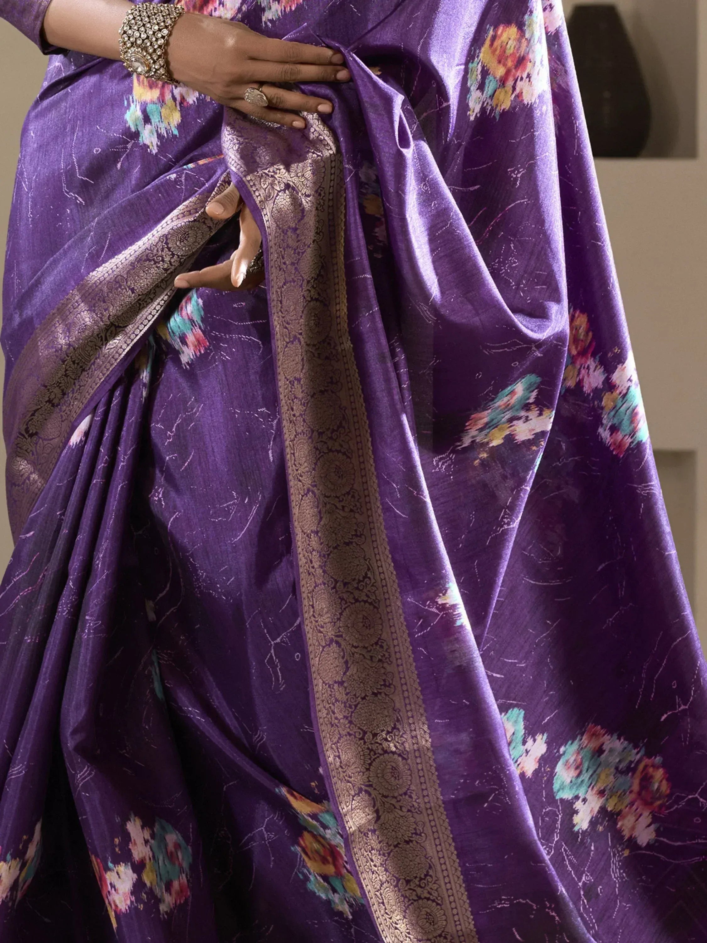 Purple floral saree with gold border, Indian ethnic wear, designer saree for women