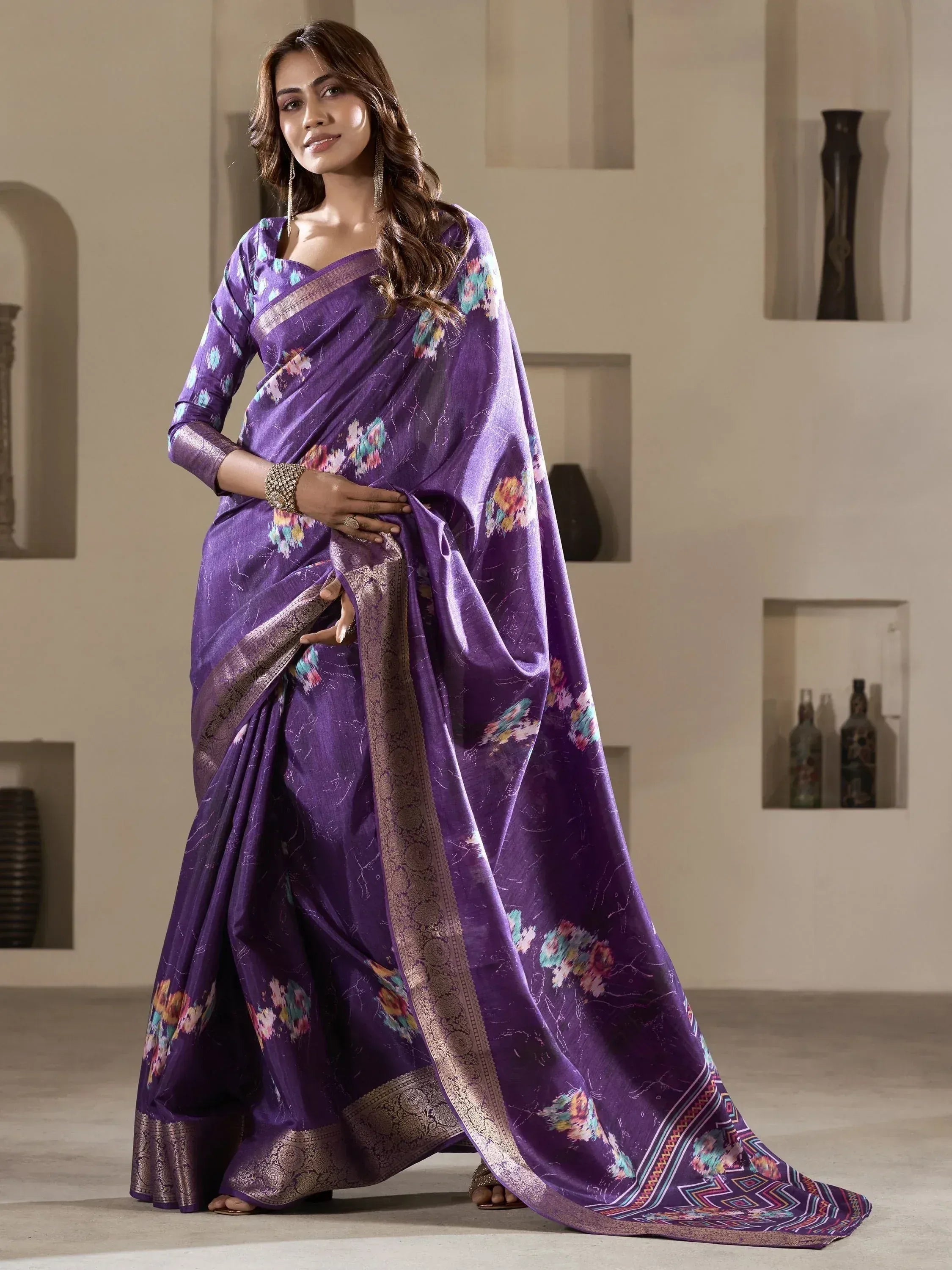 Purple floral saree with gold border, Indian ethnic wear for women