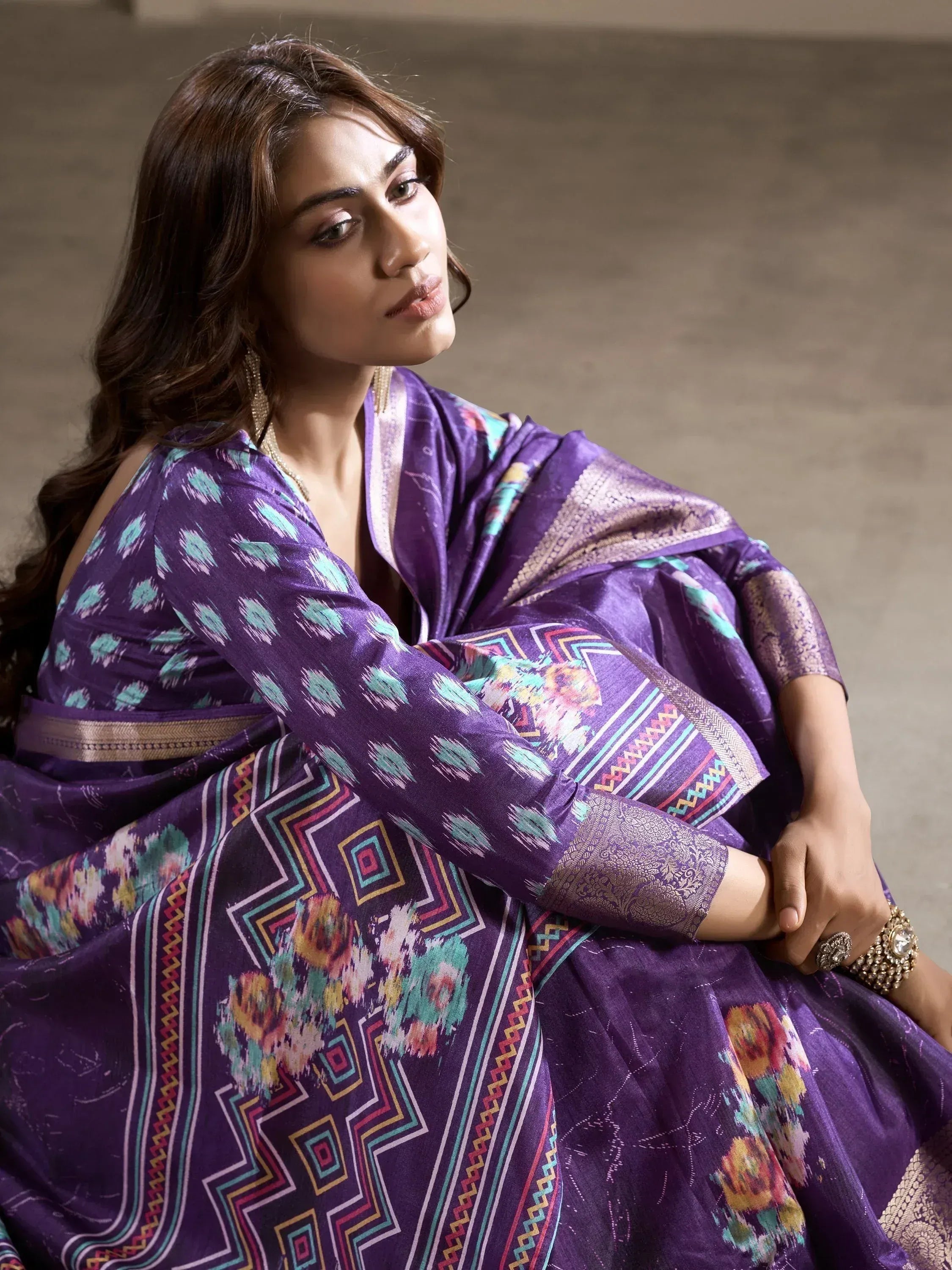 Purple ethnic gown with floral and geometric print, perfect for Indian occasions