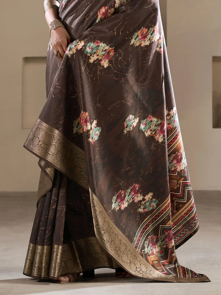 Wonderful Brown Color Zari Woven Silk Event Wear Saree With Blouse
