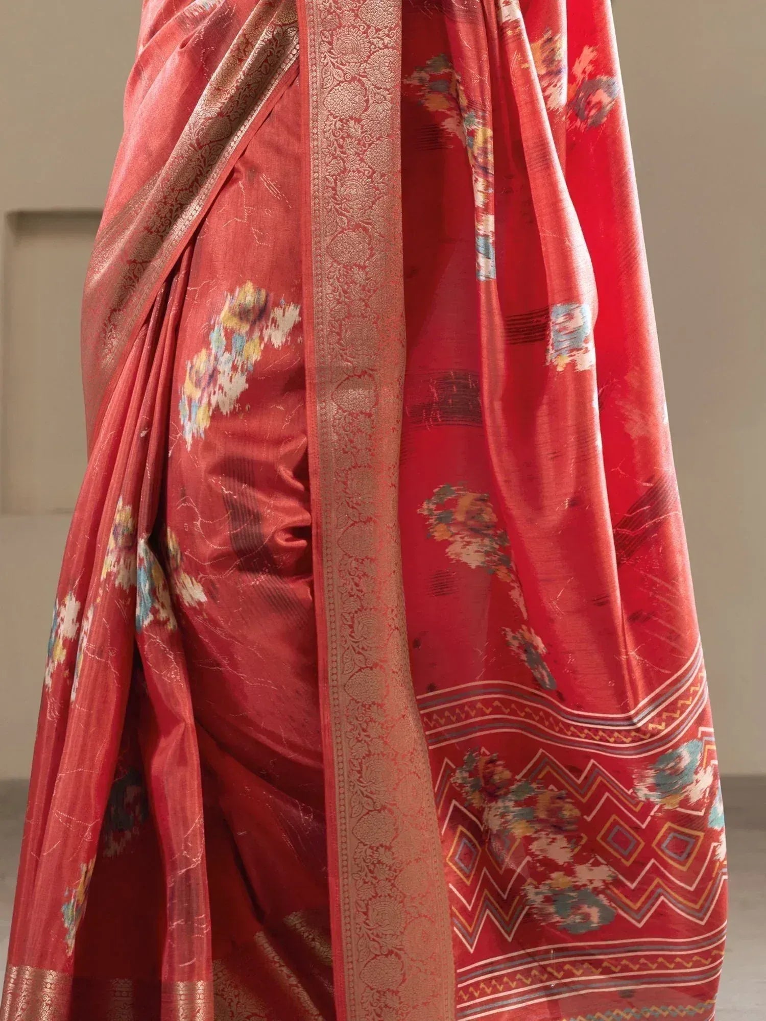 Red floral ikat saree with gold border, ethnic Indian wear for women
