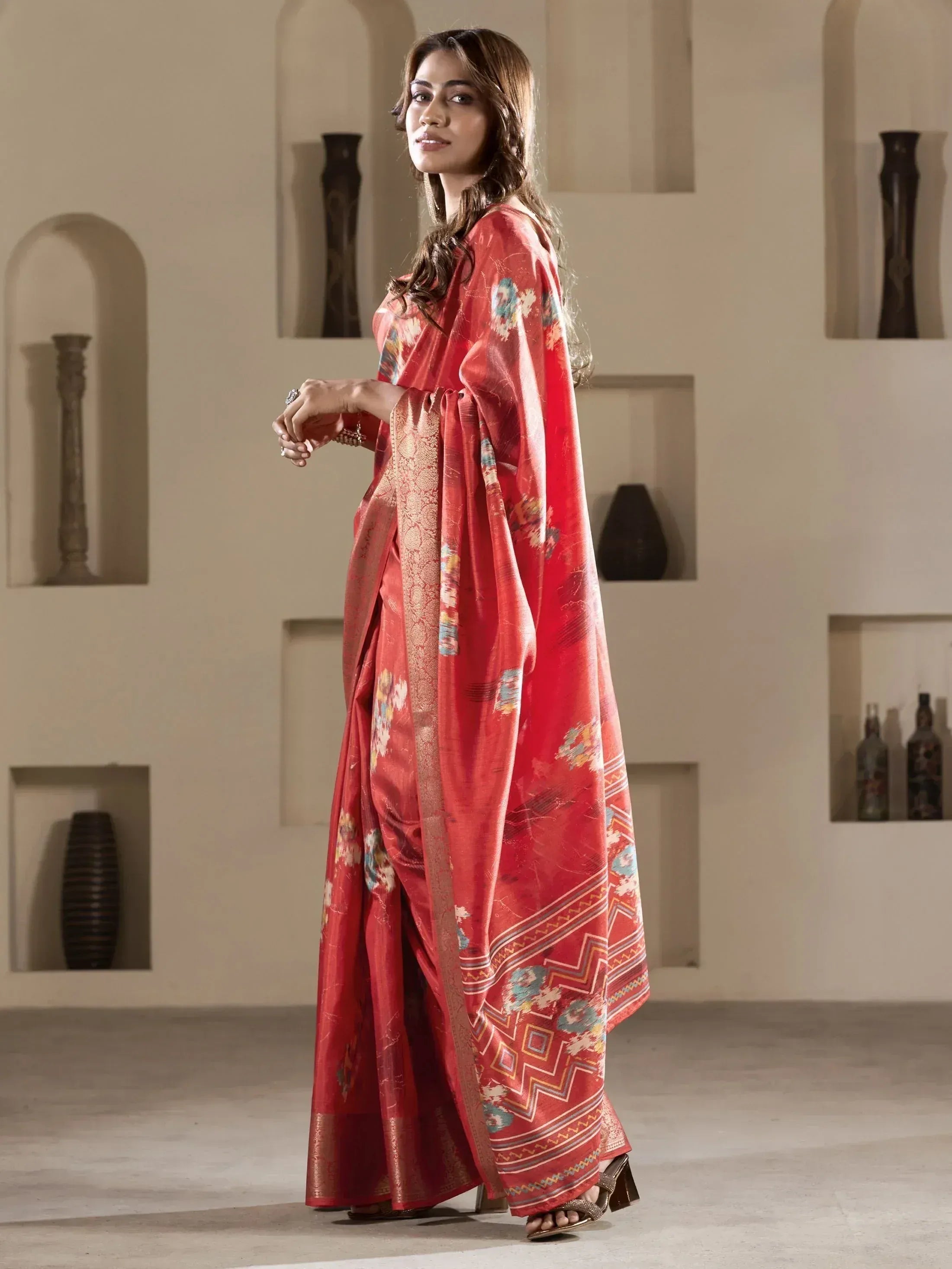 Red floral printed saree with gold border, Indian ethnic wear for women