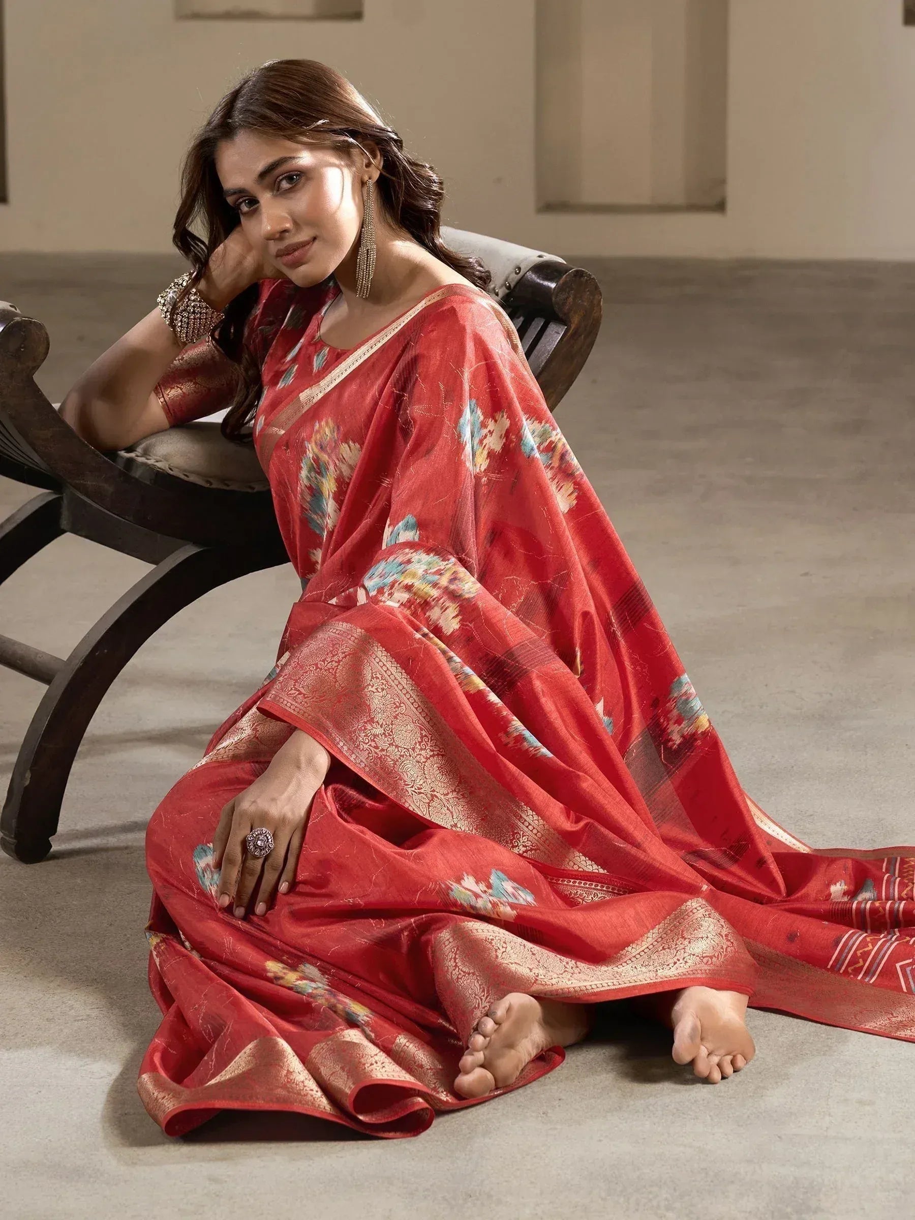 Red printed saree with gold border, Indian ethnic wear for women, stylish designer look