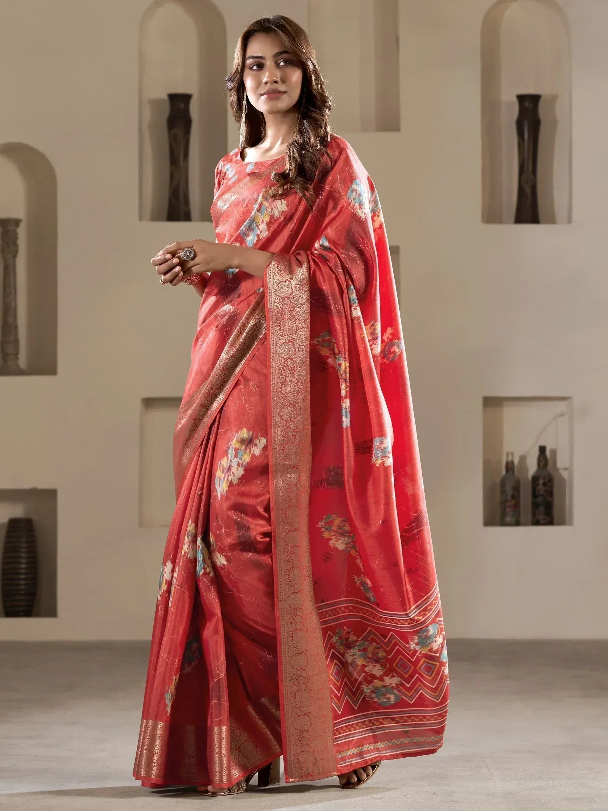 Red floral printed saree with gold border, Indian ethnic wear for women