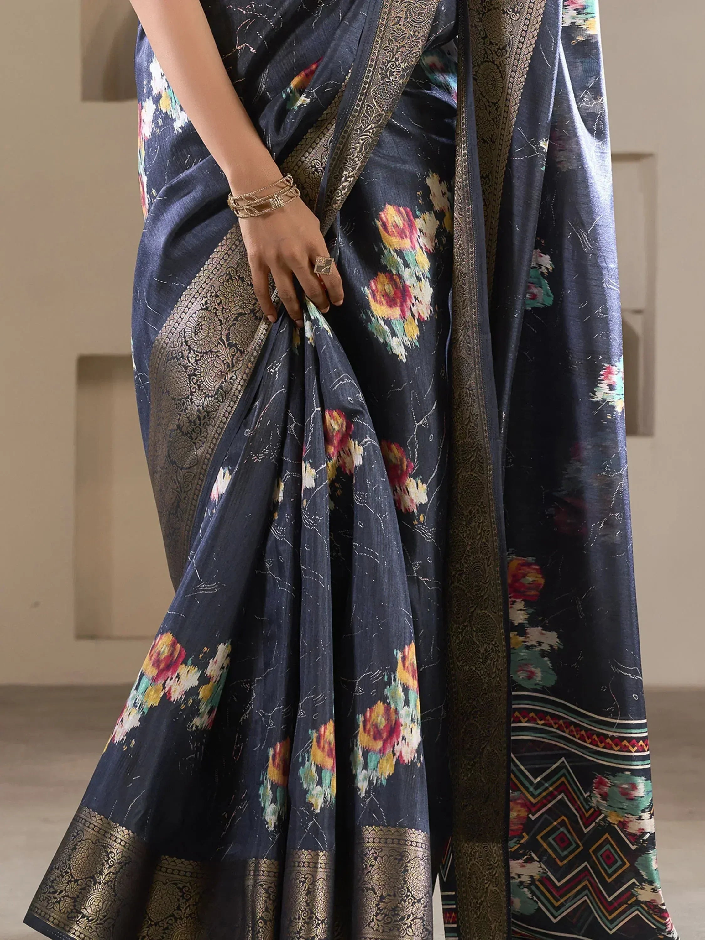 Navy blue floral saree with gold border, Indian ethnic wear for women