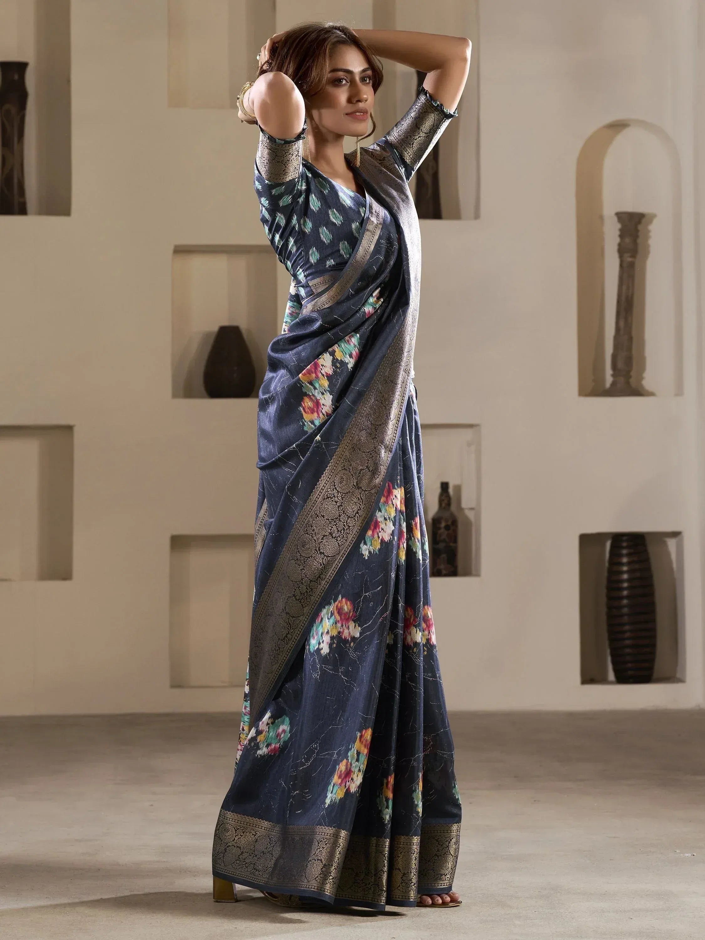 Navy blue floral saree with gold border, Indian ethnic wear for women