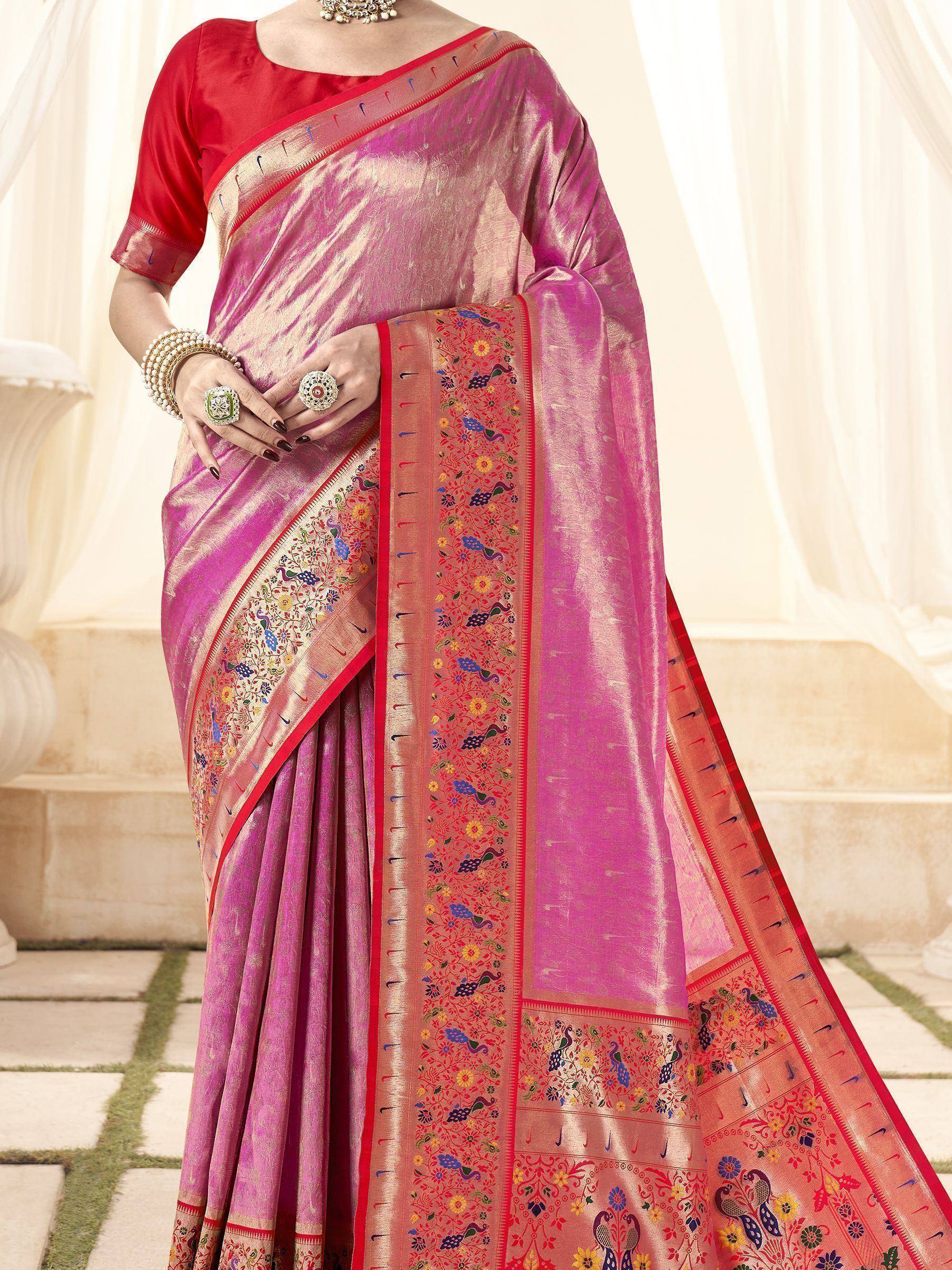 Pink silk saree with peacock embroidery and red blouse, Indian ethnic wear