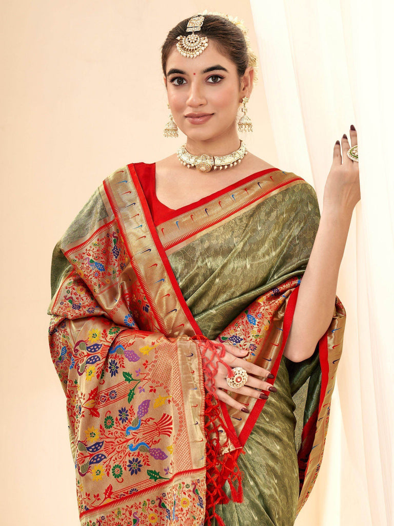 Stunning Olive Green Zari Weaving Silk Mehendi Wear Paithani Saree