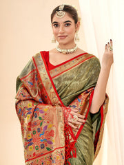 Stunning Olive Green Zari Weaving Silk Mehendi Wear Paithani Saree