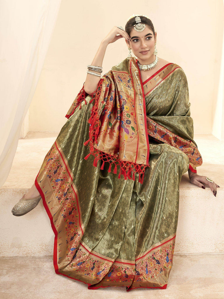 Stunning Olive Green Zari Weaving Silk Mehendi Wear Paithani Saree