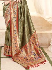 Stunning Olive Green Zari Weaving Silk Mehendi Wear Paithani Saree