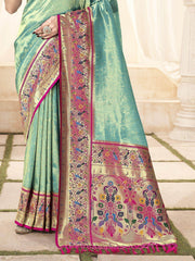 Attractive Sea Green Zari Weaving Silk Paithani Saree With Blouse
