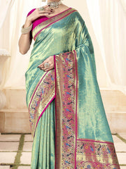 Attractive Sea Green Zari Weaving Silk Paithani Saree With Blouse