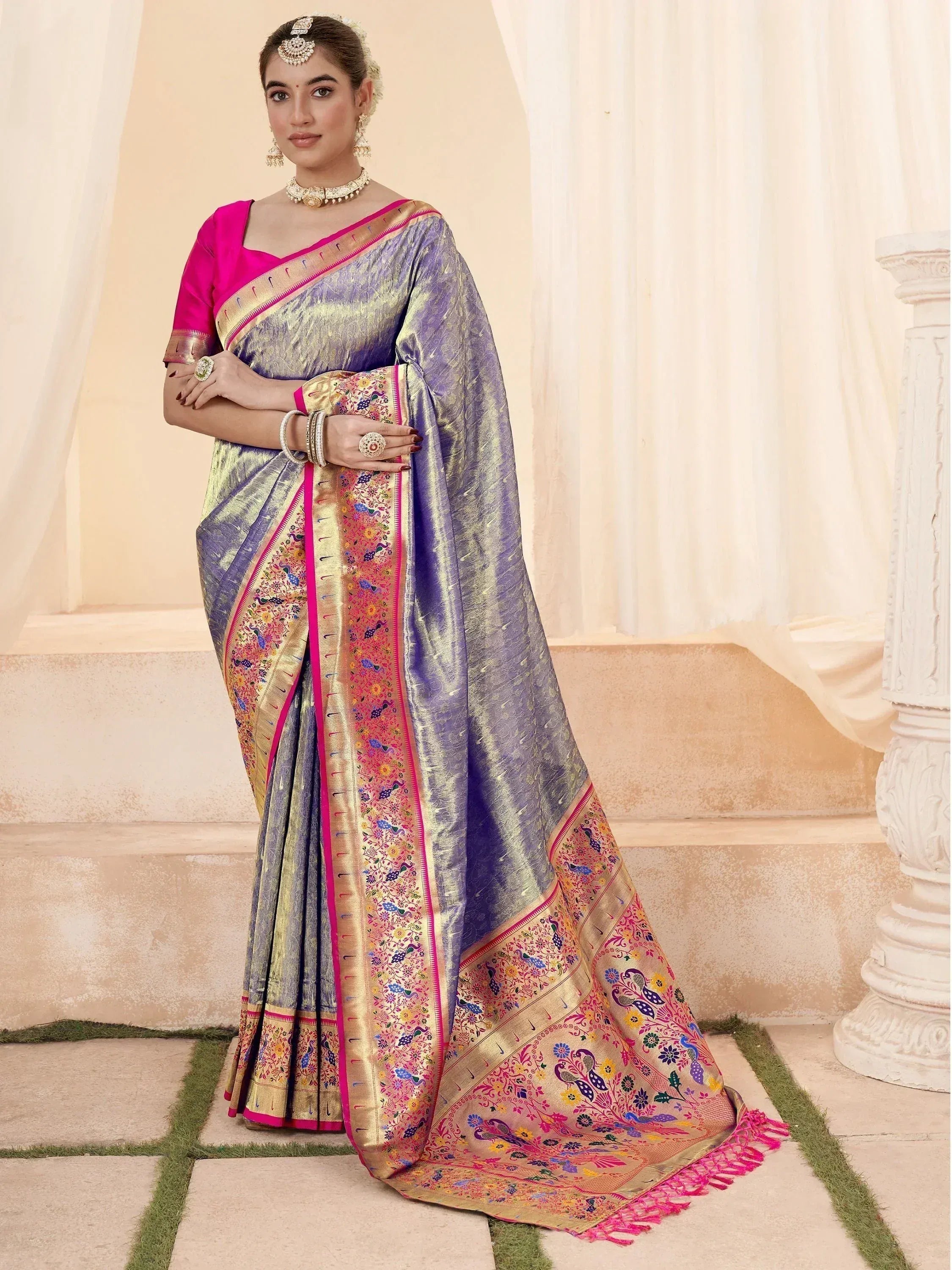 Purple and gold embroidered saree with pink blouse, peacock motifs, perfect for Indian ethnic wear occasions