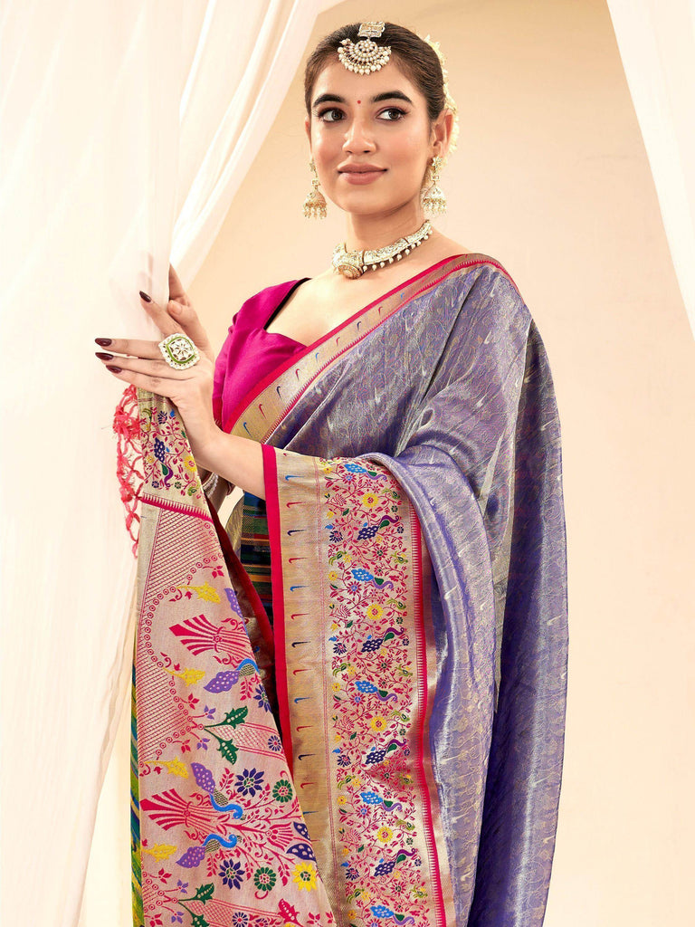 Alluring Blue Zari Weaving Silk Function Wear Paithani Saree With Blouse
