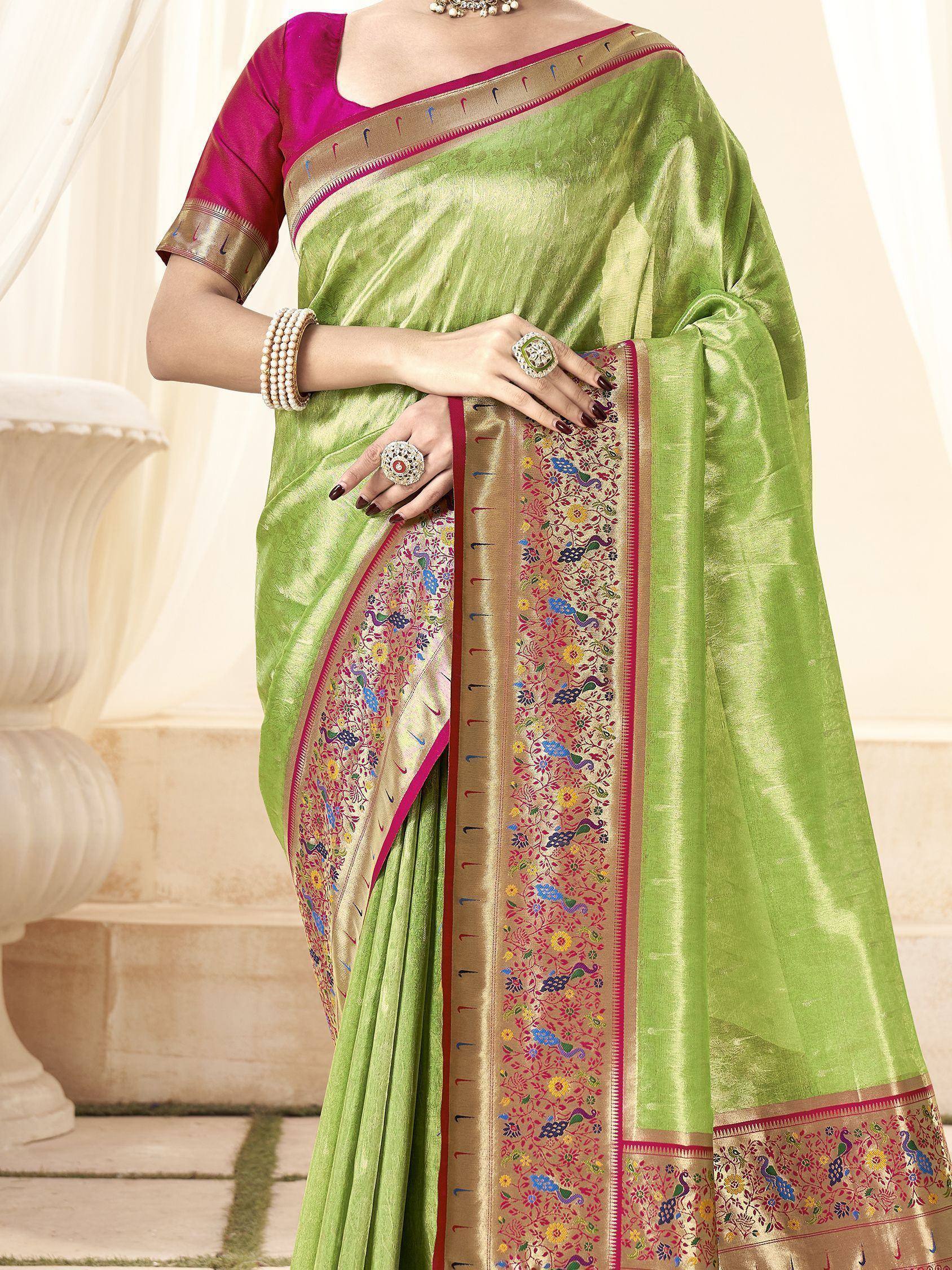 Lime green silk saree with peacock embroidery and pink blouse, Indian ethnic wear