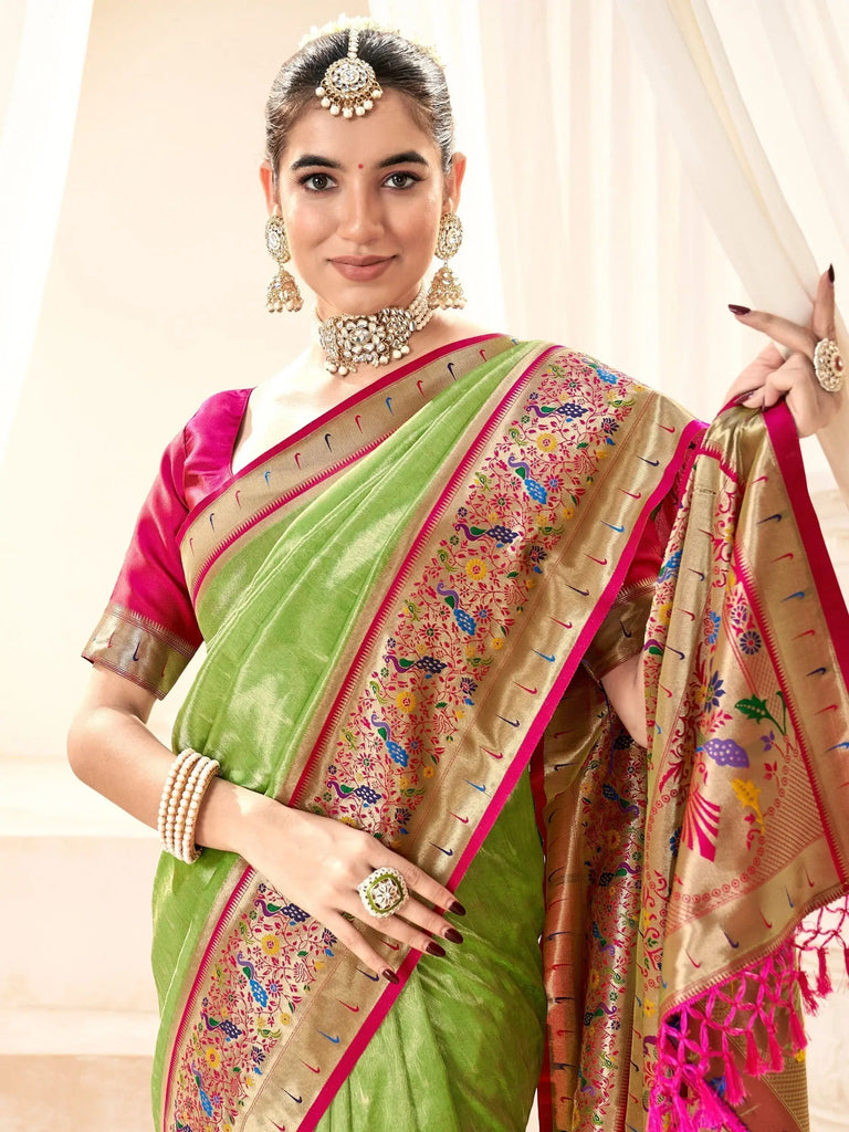 Beautiful Green Zari Weaving Silk Festival Wear Paithani Saree