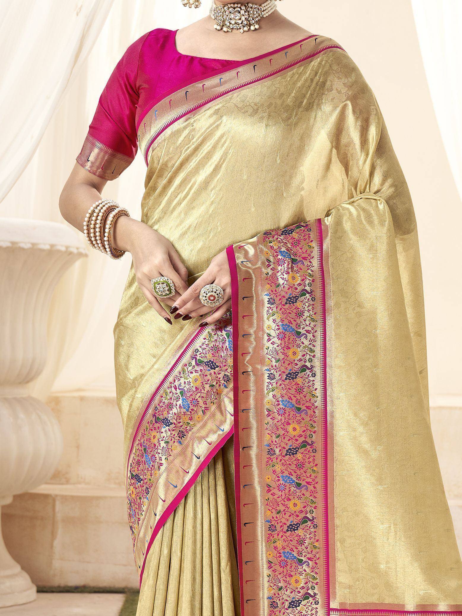 Golden saree with pink blouse and floral embroidery, Indian ethnic wear for women