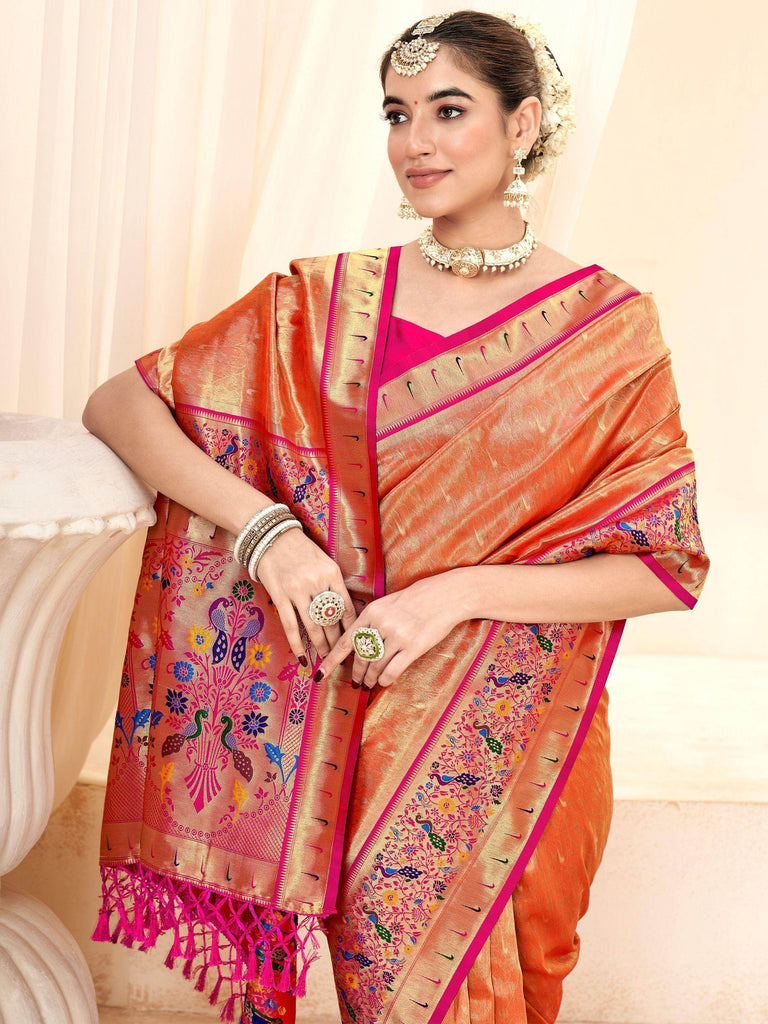 Fascinating Orange Zari Weaving Silk Traditional Paithani Saree