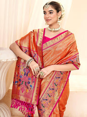 Fascinating Orange Zari Weaving Silk Traditional Paithani Saree