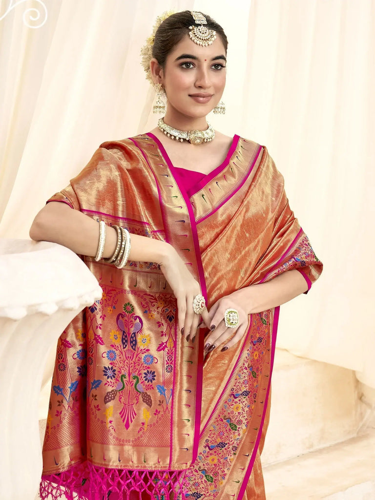 Fascinating Orange Zari Weaving Silk Traditional Paithani Saree
