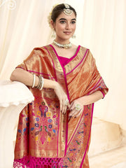 Fascinating Orange Zari Weaving Silk Traditional Paithani Saree