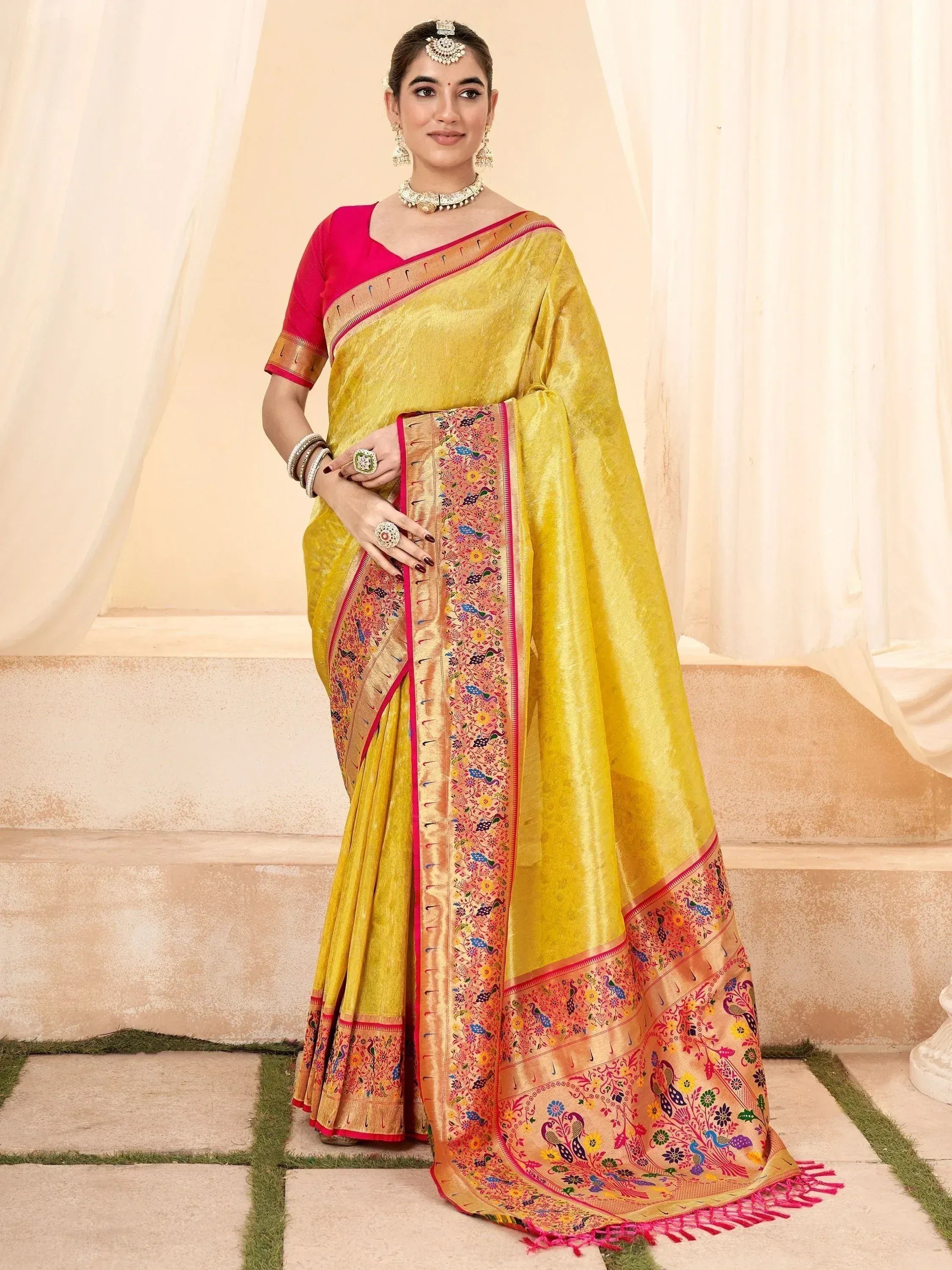 Yellow designer saree with peacock embroidery, pink blouse, ethnic wear for women