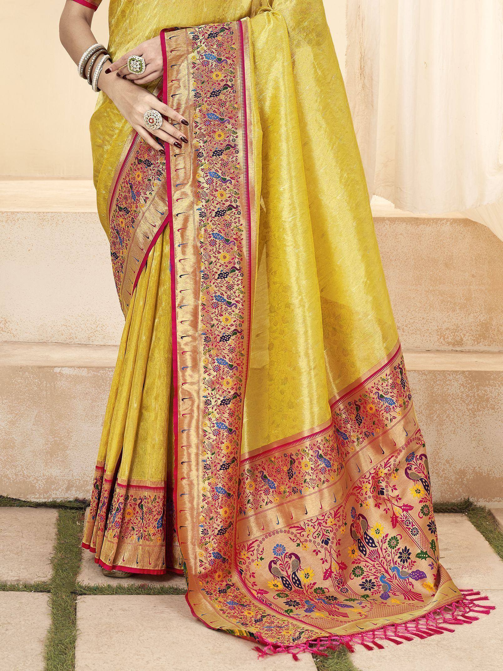 Yellow designer saree with peacock and floral embroidery, perfect for Indian ethnic wear occasions