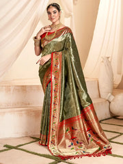 Captivating Olive Green Zari Weaving Silk Wedding Wear Paithani Saree