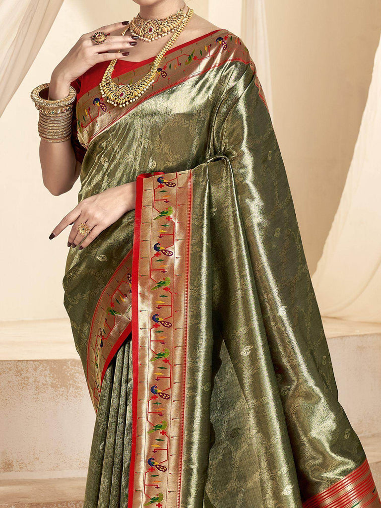 Captivating Olive Green Zari Weaving Silk Wedding Wear Paithani Saree