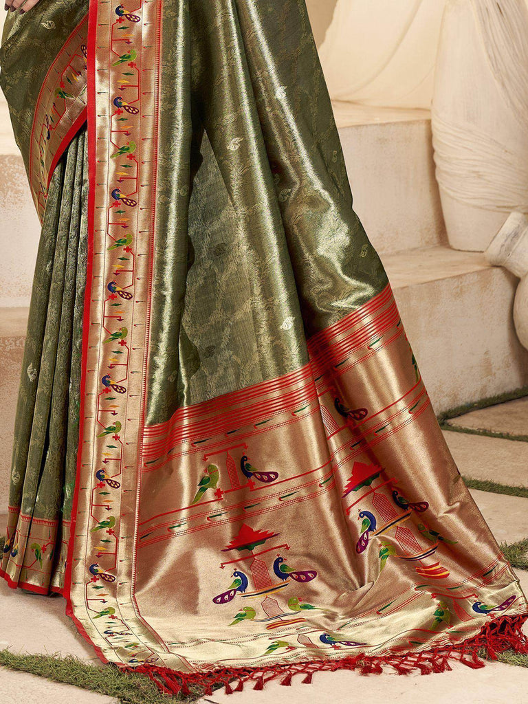 Captivating Olive Green Zari Weaving Silk Wedding Wear Paithani Saree