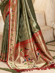 Captivating Olive Green Zari Weaving Silk Wedding Wear Paithani Saree
