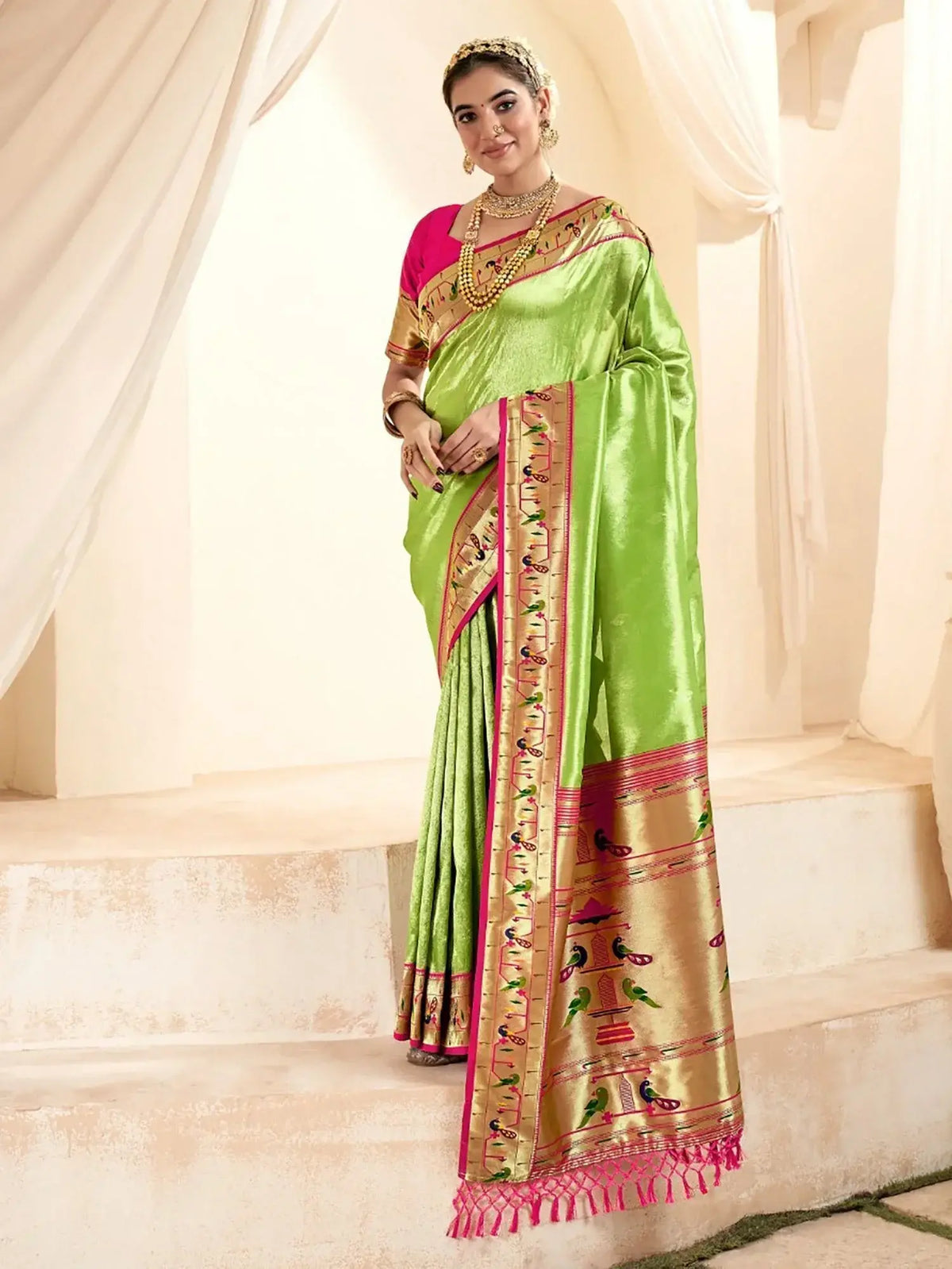 Beautiful Green Zari Weaving Silk Event Wear Paithani  Saree With Blouse