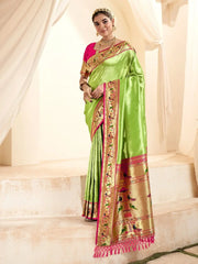 Beautiful Green Zari Weaving Silk Event Wear Paithani  Saree With Blouse
