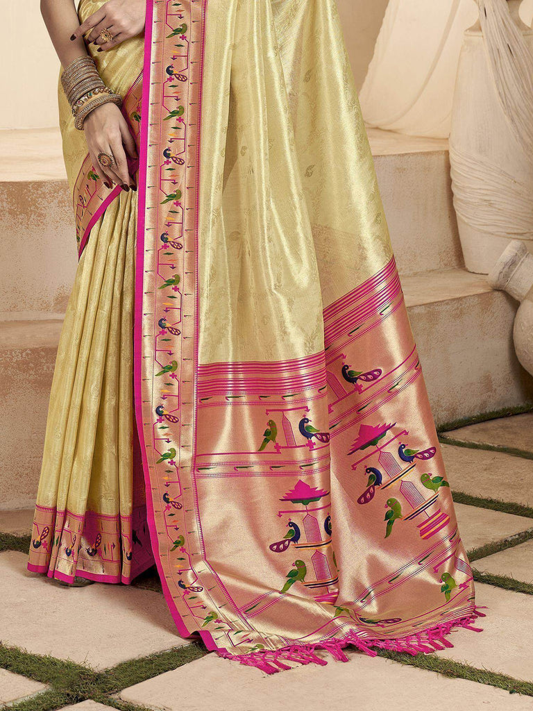 Stunning Beige Zari Weaving Silk Festival Wear Paithani Saree With Blouse